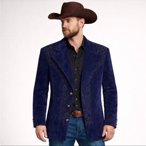 Vtg Stuart McGuire Navy Suede Look Studded Statement Jacket Coat Men’s Rock S/M